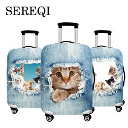 Accessories SEREQI 3D Printing And Dyeing Does Not Fade Blue Denim Cat Dog Luggage Cover 1832 inch Elastic Dust Cover Luggage Cover