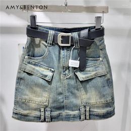 Skirts Summer Korean Fashionable Pocket High Waist Denim Skirt Women Street All-Match Slim A-line Girl Y2K Mini