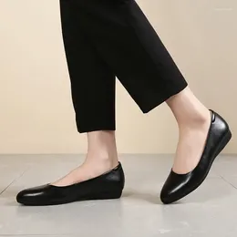 Casual Shoes Pointed Toe Women's Leather Low Wedges Heel Loafers Black Colour Comfortable Slip On Mom Shallow Zapatos