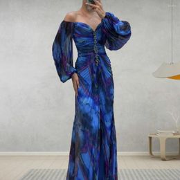 Casual Dresses Loose Women Maxi Dress Elegant Rhinestone Decor Off Shoulder For Pleated Long Lantern Sleeve Prom Evening Gown