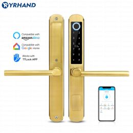 Control IP66 Gold Stainless steel Sliding Glass Smart Lock Tt lock App with Google home Aleax Fingerprint Rfid Electronic Digital Lock