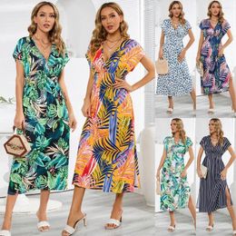 Party Dresses Women's Deep V Neck Tie Tropical Floral Dress Summer Boho Backless Chiffon Cami Short Sleeve Beach A Line Clothes