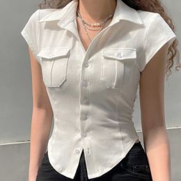 High end white lapel shoulder length short sleeved t-shirt womens summer short style elegant waist pure desire style spicy girl top trend