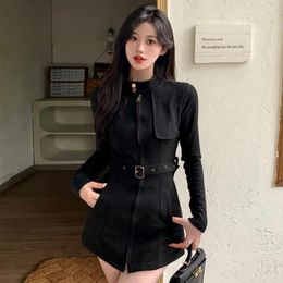 Clothing Sets Japanese And Korean Style College School Costume Vintage Mid-length Collar Slim Jacket Elegant Velvet Belt Waisted Jk Set