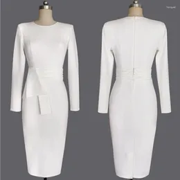 Casual Dresses 2024 Autumn Winter Long Sleeve White O Neck Belted Plain Dress Office Formal Women Sexy Bodycon Bandage Elegant Party Slim