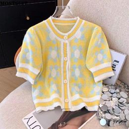 Women's Knits Flower Jacquard Sweater Women Cardigans Tops 2024 Summer Short Sleeve Single-breasted Elegant Fashion Ladies Knitwear Jumpers