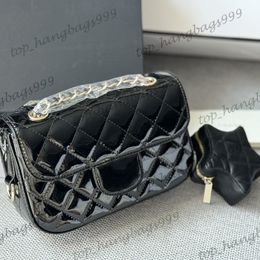 24C Luxury Black Patent Leather Classic Mini Flap Quilted Bags With Star Coin Pouch Diamond Lattice Gold Chain Crossbody Handbags Shimmer Purse 20X14CM
