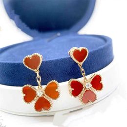 Tasarımcı Charm Van Heart Yolu Küpeler 925 Saf Gümüş Kaplama 18K Altın Dört Kırmızı Yeşim iliği Şeftali Aşk Takı Takı