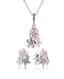 Authentic 925 Sterling Silver Pink Enamel flower Pendant Necklace Earring Set with box for Jewellery Womens Earrings1381176