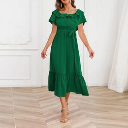 Party Dresses Womens Solid Color Sexy One Line Neck Off Shoulder Mid Length Dress Fashionable Beach Casual Linen Wrap