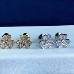 Designer Brand Fashion High Version Van Lucky Clover Full Diamond Earrings for Women Plated with 18K Rose Gold Mini Petals SMYCHE