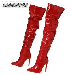 Boots Red Women Over The Knee High Heels Patent Leather Solid Pointed Toe Stiletto Side Zipper Thigh Fashion Party PU