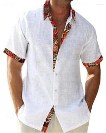 Men's Casual Shirts Shirt Button Up Vintage Summer Hawaiian Short Sleeve Colour Block Tribal Lapel Clothing Breathable