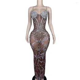 Stage Wear Sexy Sparkly Silver Crystals Rhinestones Bra Dress Brown Mesh Transparent Birthday Celebrate Club Poshoot