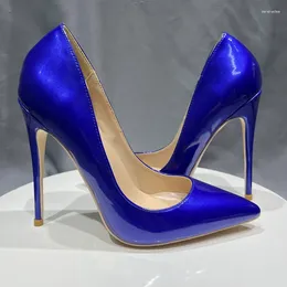 Dress Shoes Shiny Blue Patent Leather Basic Pumps High Heels 10Cm Females Slip On Party Fashion Woman Plus Size 42 43 44 45