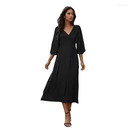 Casual Dresses Qybian Women's Wrap Flared Midi Dress Wedding Guest Cocktail A-Line Swing V-Neck 3/4 Sleeve