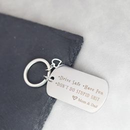 Keychains Funny Keychain Drive Safe Key Chains Stainless Steel Laser Engraved Love Keyring Birthday Gift From Mom Father