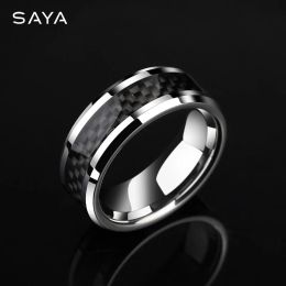 Rings Tungsten Rings for Men and Women Jewelry High Polished Black Carbon Fiber Personalized Comfort Fit, Custom Name, Free Shipping