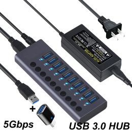 Hubs 10 Ports USB 3.0 HUB Charging 5Gbps Data Transfer External Splitter Docking Station Power 60W LED Light Switch Convert Adapter