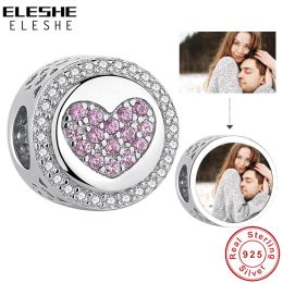 Strands ELESHE Personalised Custom Photo Charm 925 Sterling Silver Crystal Heart In Round Beads Fit Original Charm Bracelet DIY Jewellery