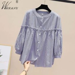 Women's Blouses Spring Summer Stripe Casual Shirts Women Big Size 80kg Korean O-Neck Thin Elegant Tops Chic Single Breasted Blusas Majer