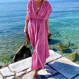 Party Dresses Women Sexy Deep V Neck Hollow Bohemian Dress Spring Printed Slit Long Summer Short Sleeve Loose Beach Maxi