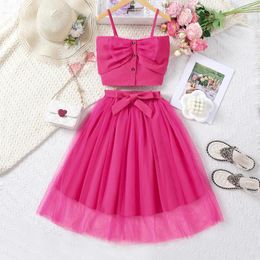 Clothing Sets Foshan Children's 2024 Summer Western Style Hanging Strap Bow Short Tank Top Mesh Half Skirt Girls' Set