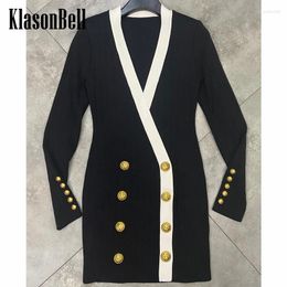 Casual Dresses 9.2 KlasonBell Fashion V-Neck Long Sleeve Shoulder Pads Lion Double Breasted Slim Knitted Mini Dress Women