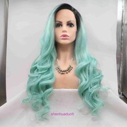 High quality fashion wig hairs online store Qingdao Xiwei Mint Green Front Lace Chemical Fiber Wig Temperature Silk Long Curly Hair Comfortable Rose Inner Mesh Hea