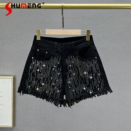 Women's Jeans Wide-Leg Denim Shorts 2024 Summer High Waist Loose Slimming European Station Rhinestone Frayed Pants Fashion