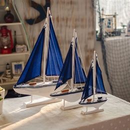 Blue Wooden Saling Ship Model Mediterranean Boat Ornaments Home Nautical Decor Crafts 240408