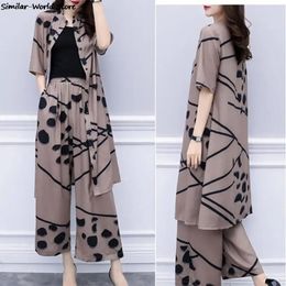 Spring Summer Fashion 2 Piece Set Women Long Cardigan Blouse And Wide Leg Pant Sets Elegant Chiffon Pants Suits 240421