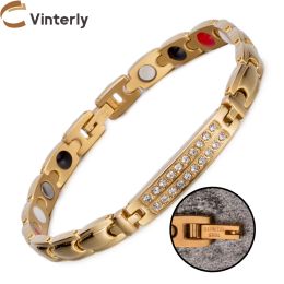 Bangle Vinterly Energy Magnetic Bracelets for Women Gold Color Crystal Chain Link Bracelets Stainless Steel Germanium ID Bracelet Femme