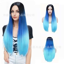 Cross Border Best-selling European and American Women's Tricolour Gradient Colour Split Long Straight Wig, High-temperature Silk Synthetic Fibre COS Headset