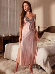 Women's Sleepwear Lace Trim Satin Slip Nightdress V Neck Backless Sleep Dress Dresses