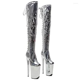 Dance Shoes Leecabe 23CM/9inches Shiny PU Upper Sexy Boots Small Open Toe Silver Electroplate High Heels Platform Pole