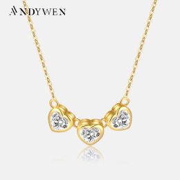 Necklaces ANDYWEN 925 Sterling Silver Gold Three Heart Zircon Charm CZ Pendant Long Chain Women Luxury Fine Jewellery Choker Crystal Jewels