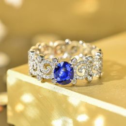 Bands Huitan Novel Design Oval Blue CZ Hollow Rings for Women Full Bling Iced Out Cubic Zirconia Luxury Trendy Female Wedding Jewelry