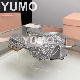Slippers Bling Summer Women Sequined Cloth Square Toe Shallow Sweet Rouway Girls Slides Leather Insole High Quality Brand Shoes