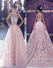 Blush Pink New Design Sweep Train 2019 A line Wedding Dresses Halter sleeveless Sexy Back Empire Tulle full 3DFloral Appliques We8747003