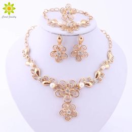 Strands Simulated Pearl Jewellery Sets For Women Flower Pendant African Beads Crystal Necklace Earrings Bracelet Ring Fine Accessories