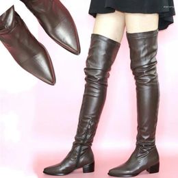 Boots Punk Goth Over The Knee Women Pointed Toe Stretchy Thigh High Low Heel Winter Tall Long Booties 35-42 Size