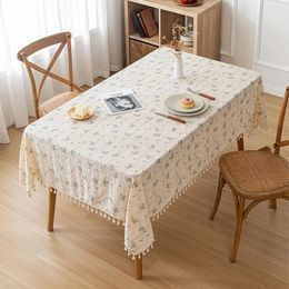 Table Cloth Pastoral Fresh Soft Ribbed Jacquard Daisy Print Fabric Cotton Tablecloth With Tassel For Home Decor