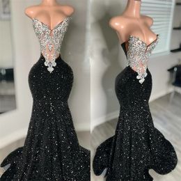 Sparkly Long Sweetheart Black Prom Dresses For Black Girl 2024 Luxury Beads Crystals Rhinestones Birthday Party Gown