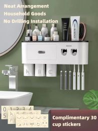 Heads Magnetic Adsorption Inverted Toothbrush Holder Double Automatic Toothpaste Dispenser Storage Rack Bathroom Accessories Set