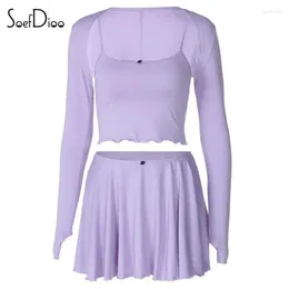 Work Dresses Soefdioo Cute 3 Piece Sets Crop Tank Tops Long Sleeve Coats Pleated Mini Skirts Matching 2024 Casual Active Outfits Tracksuits