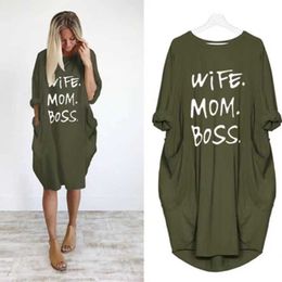 Wife Mom Summer Dresses Casual Women Fashion Round Neck T Shirt Long Sleeve Sundress Slim Sexy Dress Plus Size S-5XL 2I1X