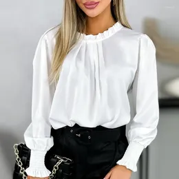 Women's Blouses Simple Elegant Solid Color Satin Women 2024 Spring Round Neck Ruffle Tops Pullover Autumn Long Sleeve Office Lady Shirts
