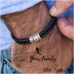 Strands Personalised Mens Braided Leather Bracelet, Father's Day gift Christmas Gift For Boyfriend Husband Custom Beads Charm For Men