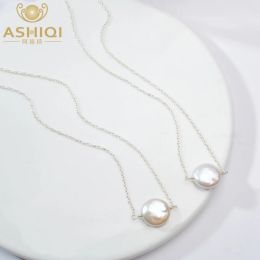Necklaces ASHIQI Natural freshwater pearl 925 Sterling Silver Necklace 1213mm Button shape pearl Jewellery For women